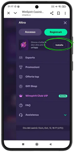 WinSpirit Casino fai clic su Installa